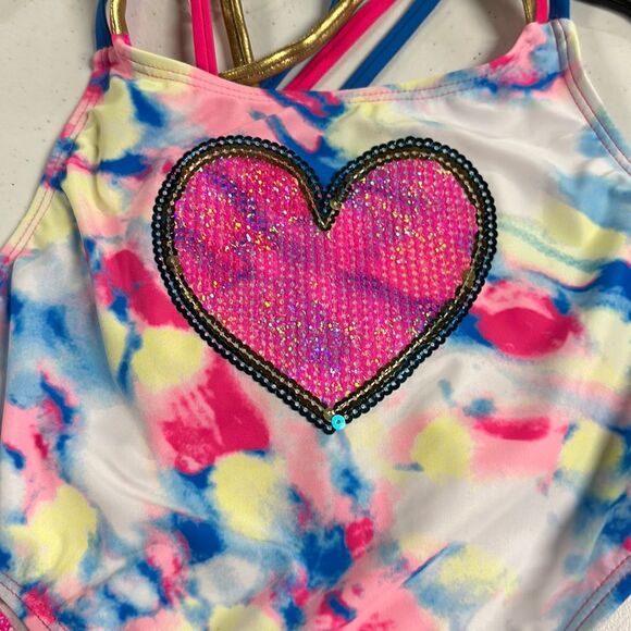 Girl’s Betsey Johnson swim suit sz XL 14 - Pink, Blue, Yellow, White w/Heart - Picture 2 of 4